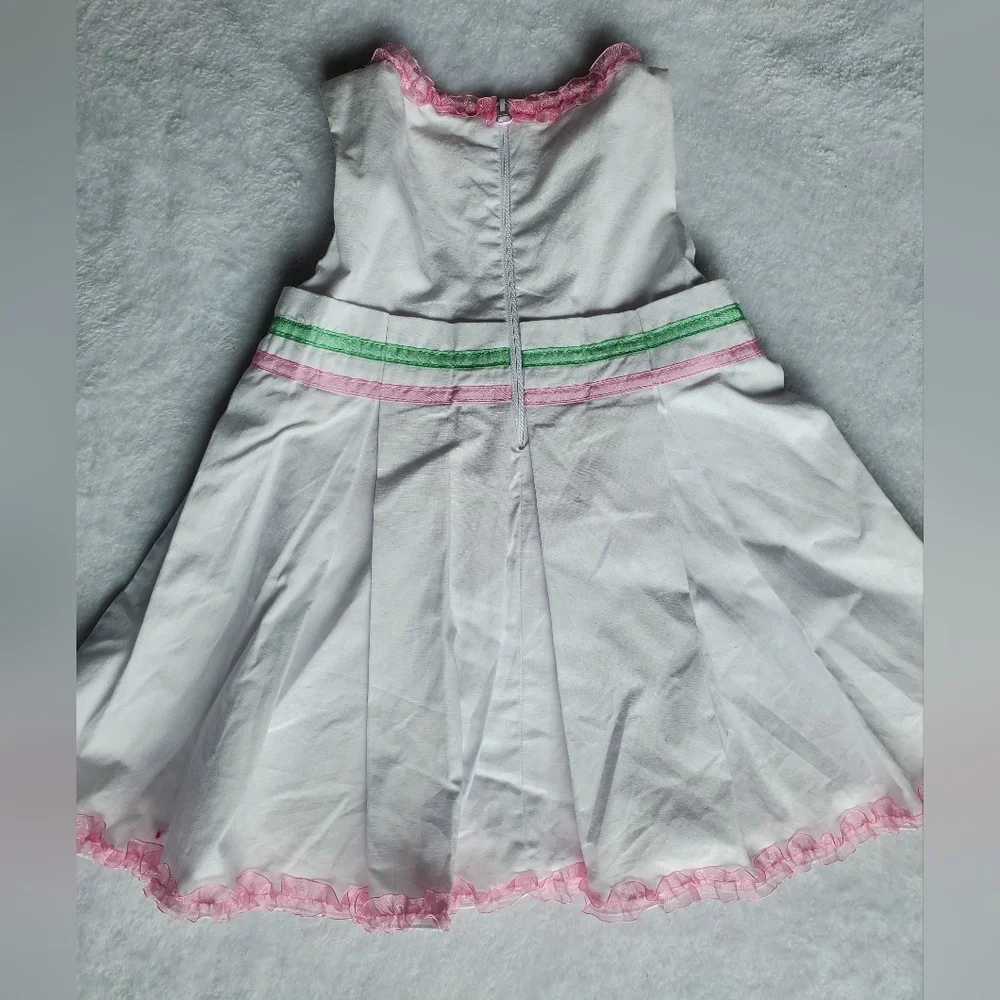 White Girls' Dress with Pink Trim and Green Bow First Impressions Size 24 Months